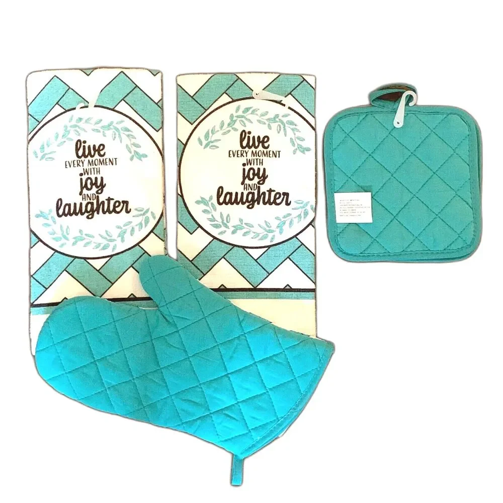 Live With Joy & Laughter NEW Kitchen Set Blue White Oven Mitt Towels Pot Holder